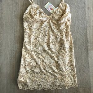 NWT In Bloom by Jonquin Gold Lace Slip Nightie Dress Sz L